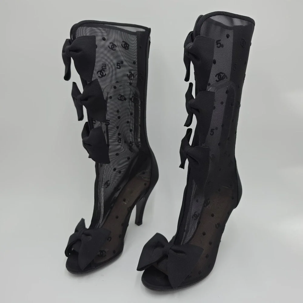 Chanel Black Mesh CC Logo Bow Peep Toe Mid Calf Stiletto Boots 36.5 C Italy